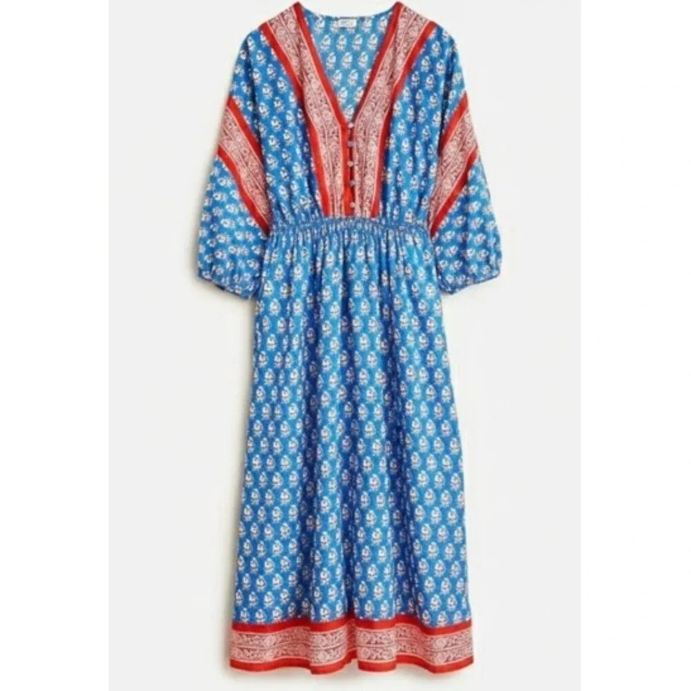 J. Crew Beachwear Blue Red Floral Block‎ Print Midi Dress Tie Waist Women's XS